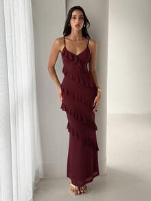 Aloruh Women's Spring/Summer Bohemian Elegant Ruffle Trim Fitted Dress Day Party Dinner Holiday Night Burgundy - Maroon - View 7