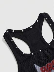 ROMWE Grunge Punk Tank Top Pas Badan dengan Motif Bintang Slogan Punk Metal, Gaya Grunge Emo Girl, Estetika Sedih dan Tertekan, Motif Bintang dan Rivet. - Hitam - View 3