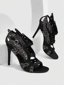 CUCCOO SZL Women's High-Heeled Sandals Rhinestone Wings Decorative Open Toe Shoes Fashion Personalized - Black - View 1