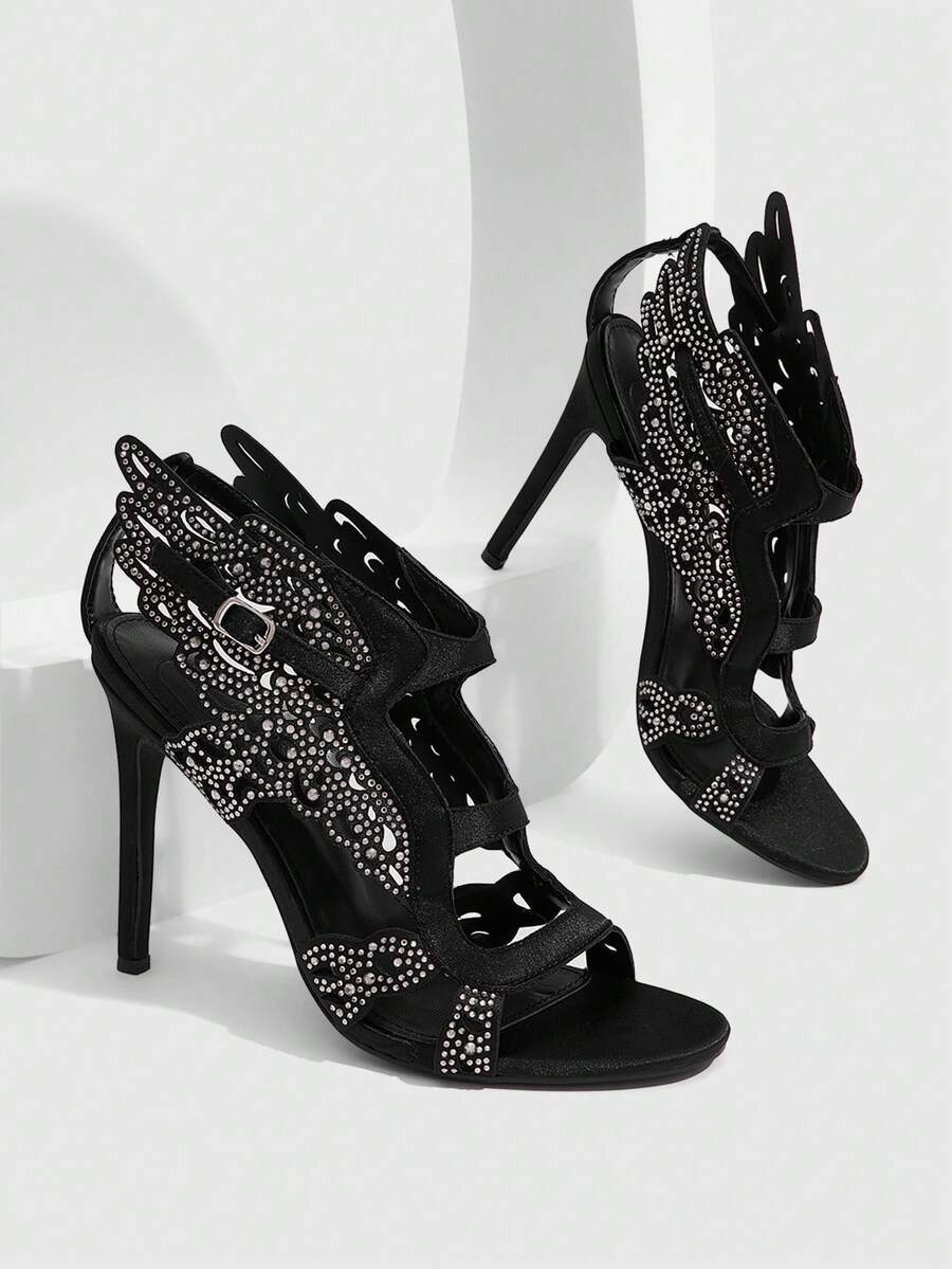 CUCCOO SZL Women's High-Heeled Sandals Rhinestone Wings Decorative Open Toe Shoes Fashion Personalized - Black - View 1