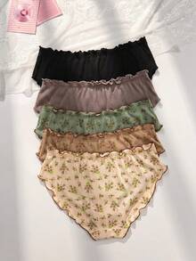PetitDoll Paquete de 5 bragas con volantes y estampado floral dulce para mujer de talla grande - Multicolor - Ver 2