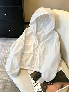 SHEIN 青少年女孩休閒百搭純色連帽外套 - 白色 - 查看 3