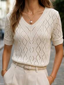 SHEIN White Shimmer Diamond Hollow V-Neck Knit Short Sleeve Full Body Texture Spring Summer Boho French Casual Goddess Vacation Brunch - Apricot - View 9