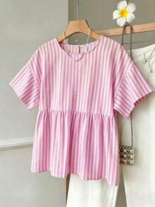 SHEIN EZwear 女款圓領條紋百褶休閒日常通勤襯衫 - 粉色 - 查看 5