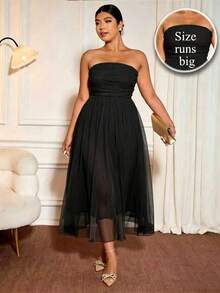 Allurite Plus Size Women's Solid Color Sleeveless Ruched Waist Elastic Mesh Midi Dress, Suitable For Dates, Gatherings, Parties, Weddings And Other Occasions - Black - View 1