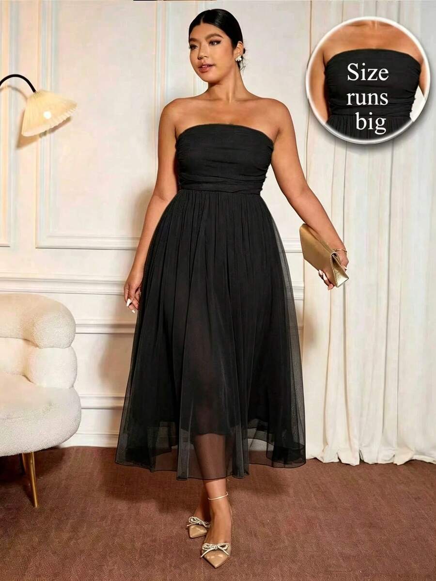 Allurite Plus Size Women's Solid Color Sleeveless Ruched Waist Elastic Mesh Midi Dress, Suitable For Dates, Gatherings, Parties, Weddings And Other Occasions - Black - View 1