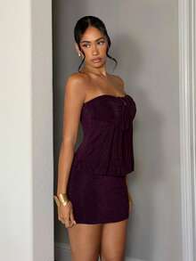 Glamine Flirty Purple Shimmer Knit Bandeau Bodycon Mini Dress Drawstring Ruched Y2K Summer Break Ibiza Miami Bachelorette Yacht Club Beach Party Outfit - Purple - View 4