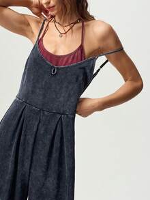 Bohemela Casual Knit Spaghetti Strap Wide Leg Women's Jumpsuit Vacation Dark Green Summer - Black - View 1