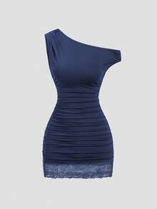Sweetra Petite Women's Spring/Summer Brown Elegant Commuter Fitted Waist Slim Lace Patchwork Hem Mini Dress - Royal Blue - View 3