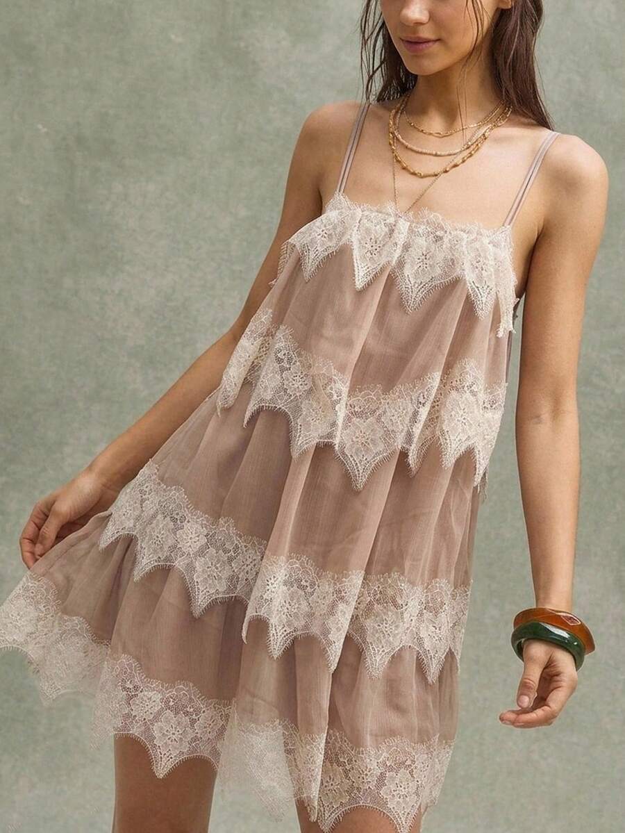 Bohemela Casual Woven Patchwork Ruffle Trim Women's Mini Dress - Coral Orange - View 1
