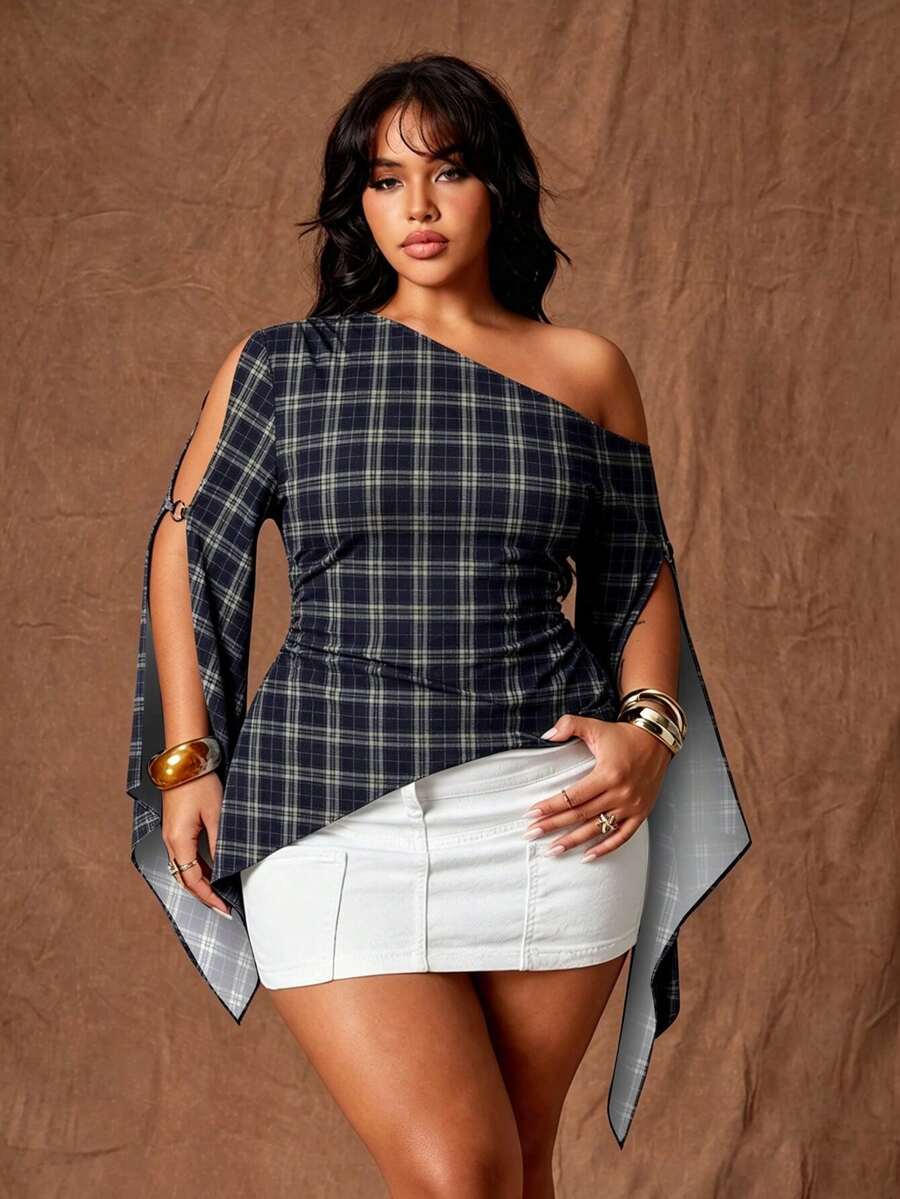Rustia Top de mujer talla grande estilo picante con estampado a cuadros, un hombro, diseño de abertura y manga acampanada - Negro - Ver 1