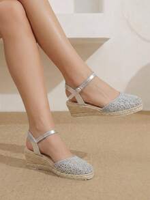 Styleloop Women's Hemp Rope Straw Woven Wedge Heel Silver Ankle Strap Woven Women's Wedge Heel Shoes Sandals Hemp Rope Shoes Boho Style - Silver 3 - View 7
