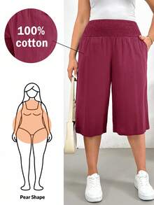 Shapeblank Plus Size Women's Solid Color Waist Gathered Pocket 3/4 Length Pants - Burgundy - View 6