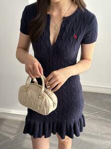 DAZY Pattern Embroidered Fitted Ruffle Trim Short Sleeve Dress Casual Vacation Old Money Elegant Spring Autumn Women's Sweater Dress - Blue - View 3
