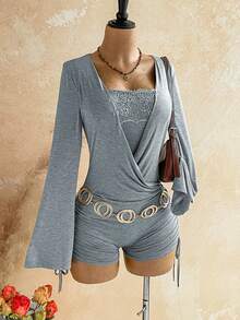 Soleia Women's Solid Color Contrast Lace Flare Sleeve Romper - Grey - View 3