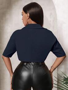 BamGleam Women's Solid Color Single-Breasted Cropped Short Sleeve Shirt With Two Pockets - Navy Blue - View 2