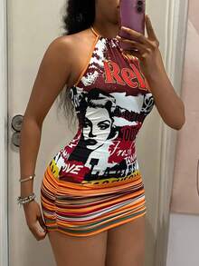 StreetHx Reggae Style Graffiti Print, Halter Neck Backless, Fitted Bodycon Mini Dress - Multicolor - View 5
