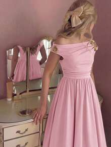 Firerie Kids Firerie Kids Tween Girl Metal Flower Decor Pleated Fashion Party Dress - Pink - View 3