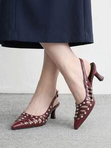 CUCCOO BIZCHIC 個性化鉚釘裝飾、酒紅色、鏤空尖頭後跟女鞋、酷感通勤女鞋 - 酒紅色 - 查看 9