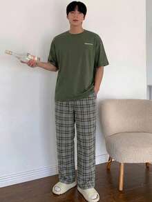 DAZY 春秋軍綠色字母印花針織面料上衣搭配格紋鬆緊腰長褲男士居家休閒套裝 - 彩色 - 查看 7