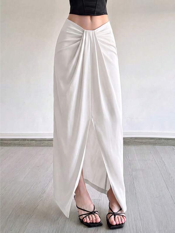 Rafferiza Women's New White Low Waist Asymmetrical Waistline Ruched Ruched High Slit Elegant Sexy Romantic Versatile Skirt
