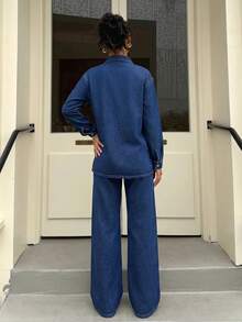 SHEIN Teen Girls Dark Blue Denim Loose Long Shirt & Pants 2-Piece Set Fall Winter Halloween Y2k Graduation Back To School - Blue - View 7