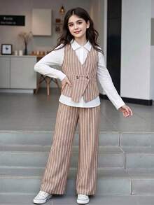 SHEIN Ensemble 3 pièces pour préadolescentes, veste, hauts blancs à manches longues vintage, rentrée scolaire, ample, pantalon large à rayures d'automne, pantalon large blanc à rayures - Multicolore - Voir 4