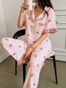 Napfluff Women's Blue Striped Bow Print Patchwork Contrast Color Ruffle Collar Short Sleeve Long Pants Pajama Set - Orange - View 1