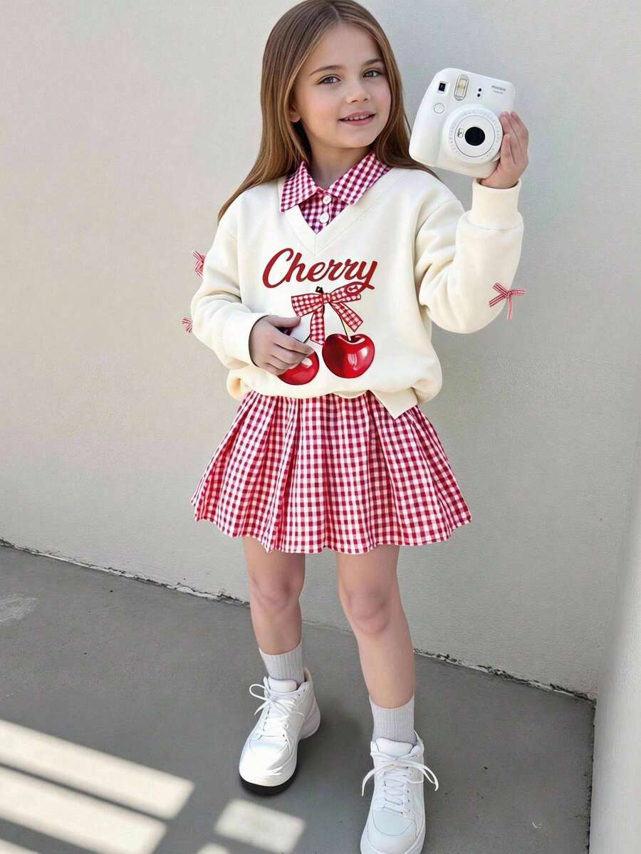 Elladie kids 两件套女童樱桃字母图案衬衫领长袖卫衣搭配格子百褶裙，可爱休闲甜美简约春秋季穿搭