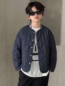 DAZY Round Neck Quilted Design Long Sleeve Casual Thick Autumn/Winter Boys (Large) Cotton Padded Coat - Navy Blue - View 1