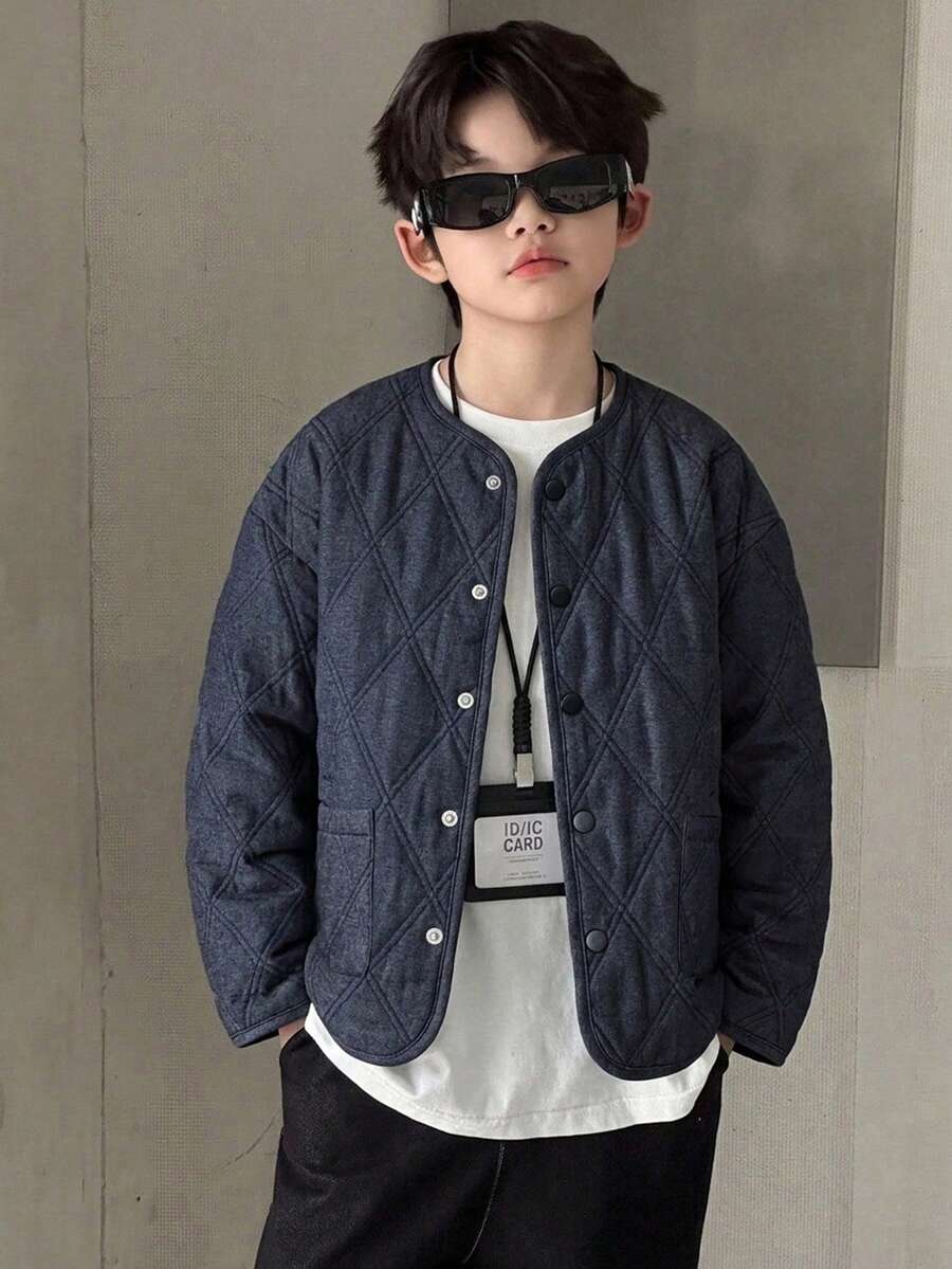 DAZY Round Neck Quilted Design Long Sleeve Casual Thick Autumn/Winter Boys (Large) Cotton Padded Coat - Navy Blue - View 1
