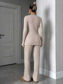 Cotton Ladies' Crisscross Ribbed Long Sleeve T-Shirt And Pants Two Pieces Set - Apricot - View 2
