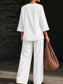 EMERY ROSE Plus Size Simple Cotton Solid Color V-Neck Asymmetrical Sleeve Top And Wide Leg Pants 2-Piece Set Fall - White - View 2