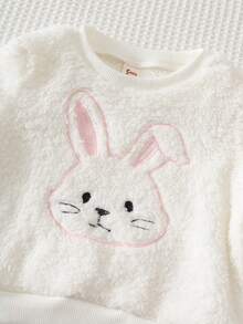 Cozy Pixies Baby Girl Cartoon Rabbit Embroidered Pattern Plush Soft Round Neck Long Sleeve Pullover Sweatshirt Elastic Waist Textured Cartoon Pattern Letter Graphic Plush Long Pants 2-Piece Set - Pink - View 9
