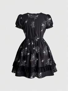 ROMWE Goth 暗黑哥德風女巫蕾絲拼接娃娃印花女款短版大尺碼洋裝 - 黑色 - 查看 2