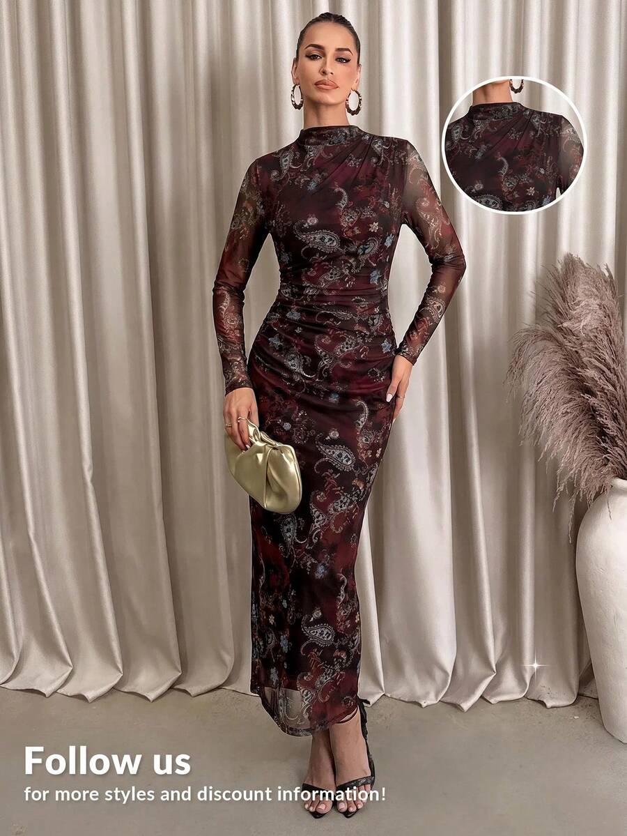 Lavishia 女款黑色與咖啡色抽象印花長袖修身洋裝 高領長袖 - 鏽棕色 - 查看 1