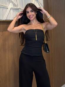 Yohana Edit 2026 春夏女款純色都市優雅抹胸百褶短版上衣 黑色 - 黑色 - 查看 3