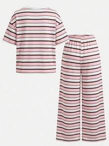SHEIN 女童針織條紋休閒T恤與長褲兩件套 - 粉色 - 查看 3