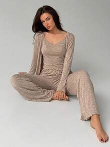 Livesso Women's Solid Color Long Sleeve Open Front Top, Camisole And Pants Loungewear Set Fall - Khaki - View 9