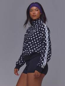 Musera Sport Black Polka Dot Contrast Stripe Side Zip Through Cinched Waist Sport Logo Track Jacket Gym Pilates Fitness Daily Casual Everyday Running Void - Black and White - View 3