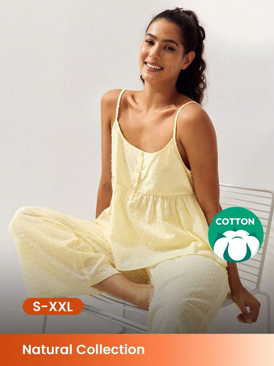 LUVLETTE Soft Airy Women's Yellow Summer Sweet Two-Piece Set - Double-Layered Ruffles & Polka Dots Adorable Breezy Home Wear