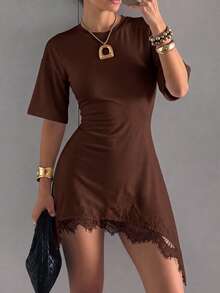 SHEIN EZwear 女款優雅度假風蕾絲拼接不對稱下擺洋裝 - 棕色 - 查看 5