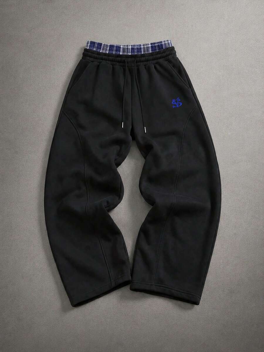 STYNVO 男士休閒寬鬆格紋拼接寬腿運動長褲 - 黑色 - 查看 1