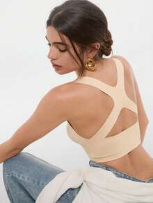 Bralution 1 Buah Bra Wanita Tanpa Kawat dengan Pengait Depan, Push-Up, Anti-Kendur, Tali Bahu Ganda, Cup Cetak, Nyaman dan Sederhana dengan Desain Silang di Belakang - Aprikot - View 3