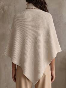 SHEIN Women's Solid Color High Neck Loose Asymmetric Hem Cape Sweater - Apricot - View 2