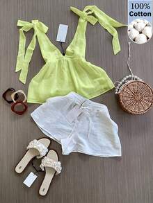Franclia Women's New Summer Fashion V-Neck Tie-Front Vest Casual French Style Suit, Made Of Traceable Cotton Fabric, Cool And Breathable, Suitable For Vacation And Everyday Wear. - Multicolor - View 1