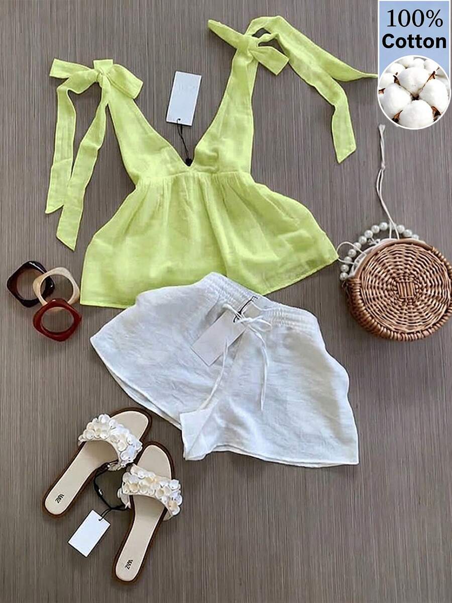 Franclia Women's New Summer Fashion V-Neck Tie-Front Vest Casual French Style Suit, Made Of Traceable Cotton Fabric, Cool And Breathable, Suitable For Vacation And Everyday Wear. - Multicolor - View 1