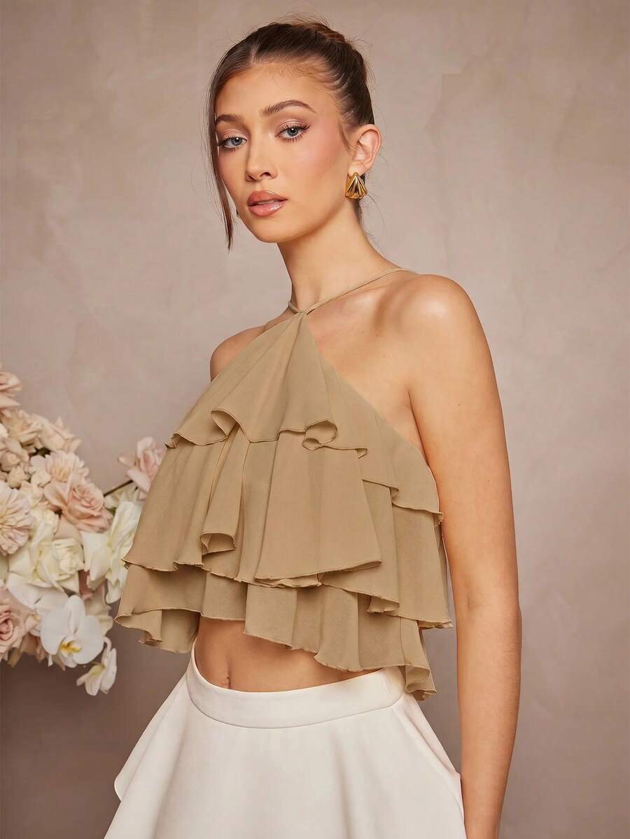 L'Amorae Summer Elegant Solid Color Ruffle Backless Halter Top, Chic, Fall, Autumn - Khaki - View 1