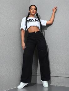 SHEIN Unity Cowgirl 大尺碼女款春季黑色無彈力修身直筒牛仔褲，女款春季 - 黑色 - 查看 4