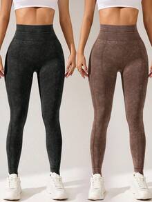 SHEIN Velisys Seamless Double Waist Combo Pack (Black + Brown) Long Pants With Pockets - Multicolor - View 3